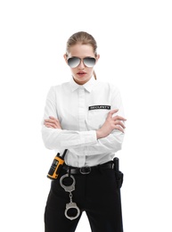 Photo of Female security guard in uniform on white background