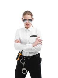 Female security guard in uniform on white background