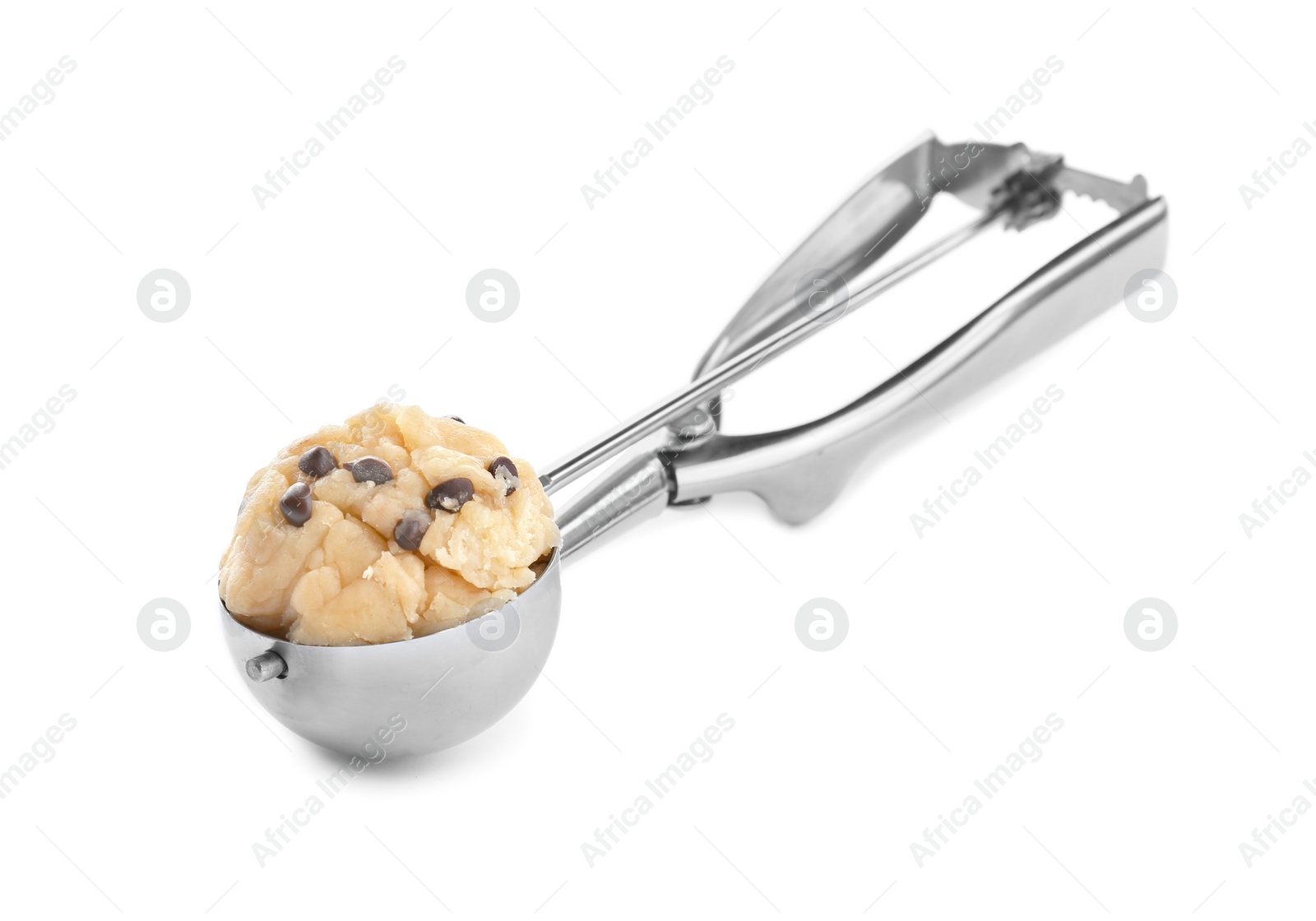 Photo of Raw cookie dough with chocolate chips in scoop on white background