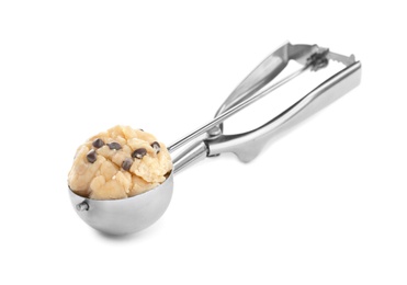 Photo of Raw cookie dough with chocolate chips in scoop on white background