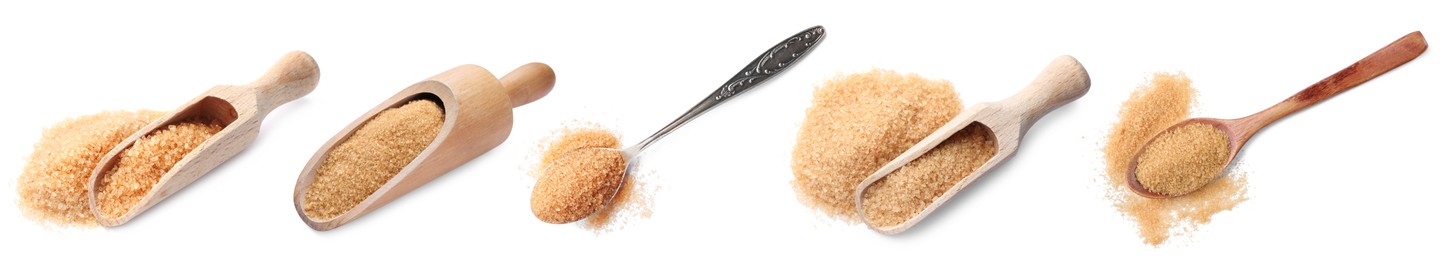 Image of Brown sugar in wooden scoops and spoons on white background, banner design