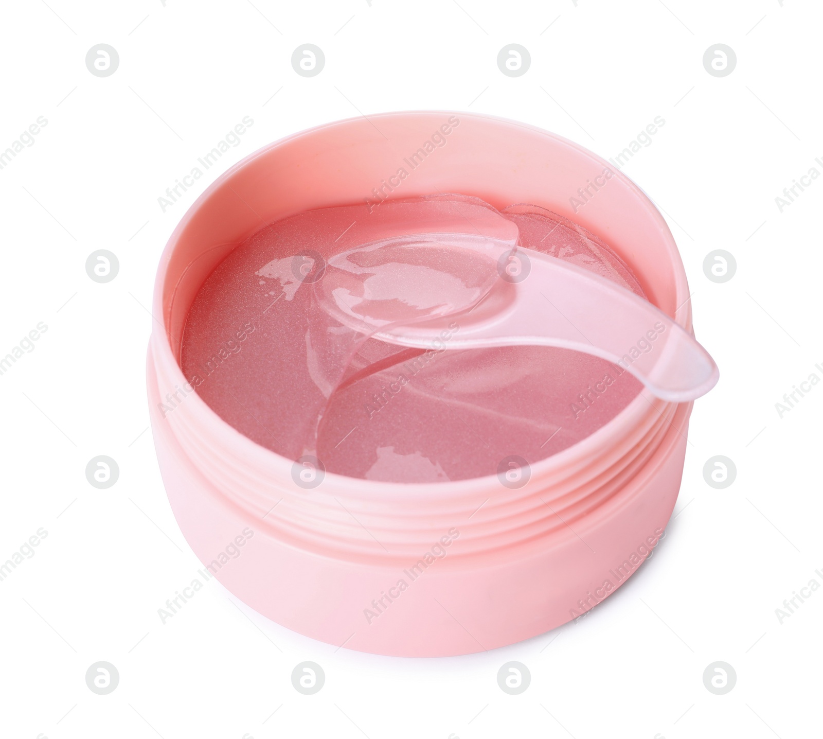 Photo of Under eye patches in jar with spatula isolated on white. Cosmetic product