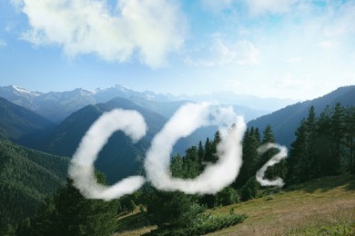 Image of Concept of clear air. CO2 inscription and beautiful mountain landscape