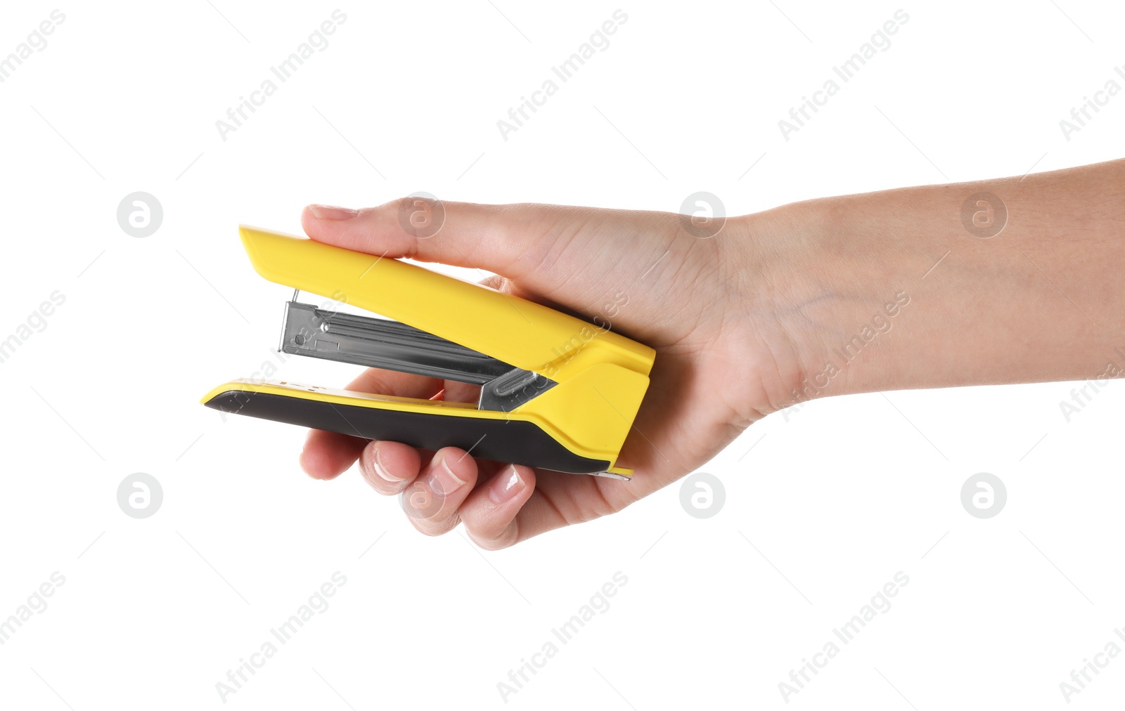 Photo of Woman holding yellow stapler on white background, closeup