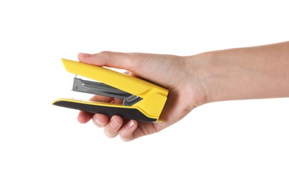 Woman holding yellow stapler on white background, closeup