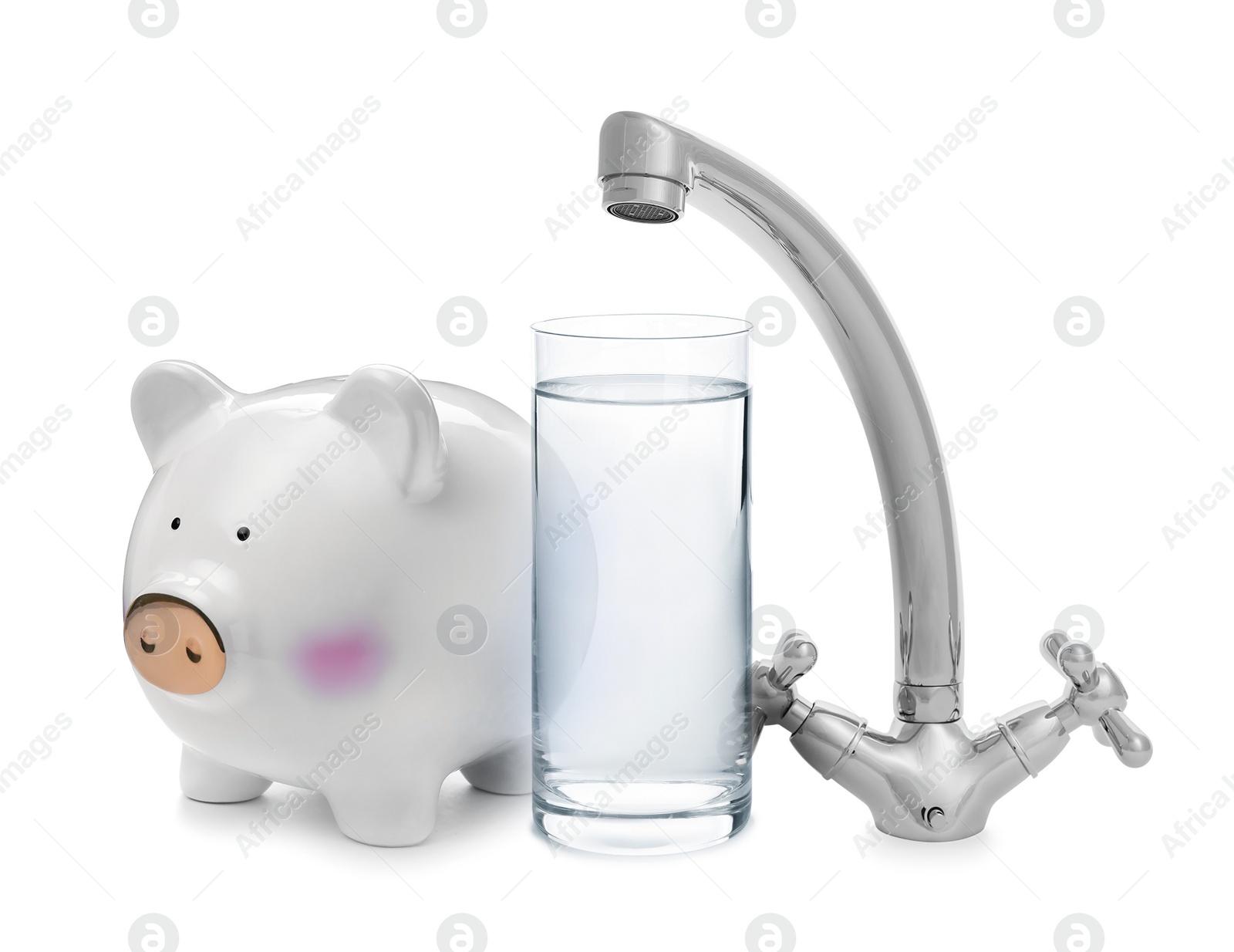 Image of Water scarcity concept. Piggy bank, tap and glass on white background