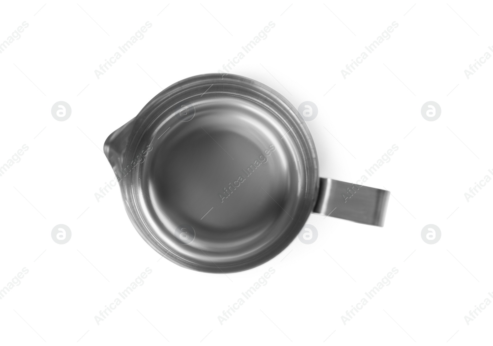 Photo of New metal jug isolated on white, top view. Cooking utensils