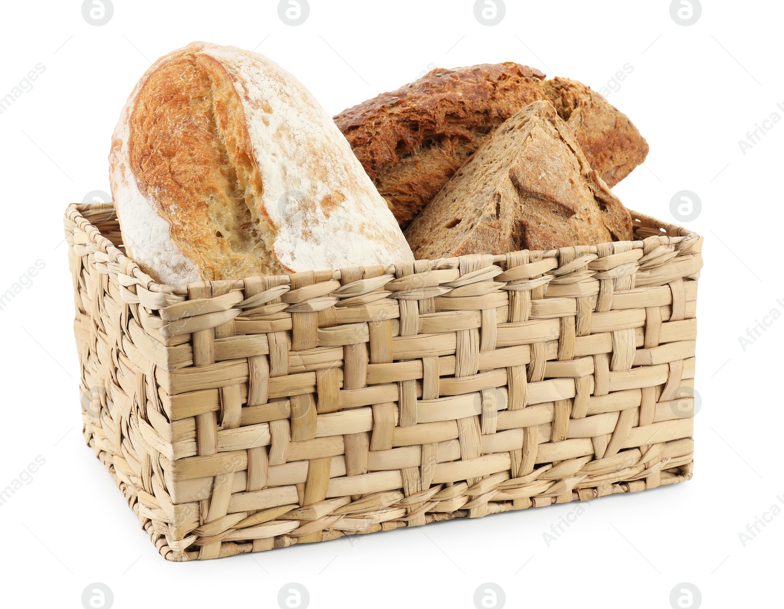 Photo of Basket with different types of fresh bread isolated on white