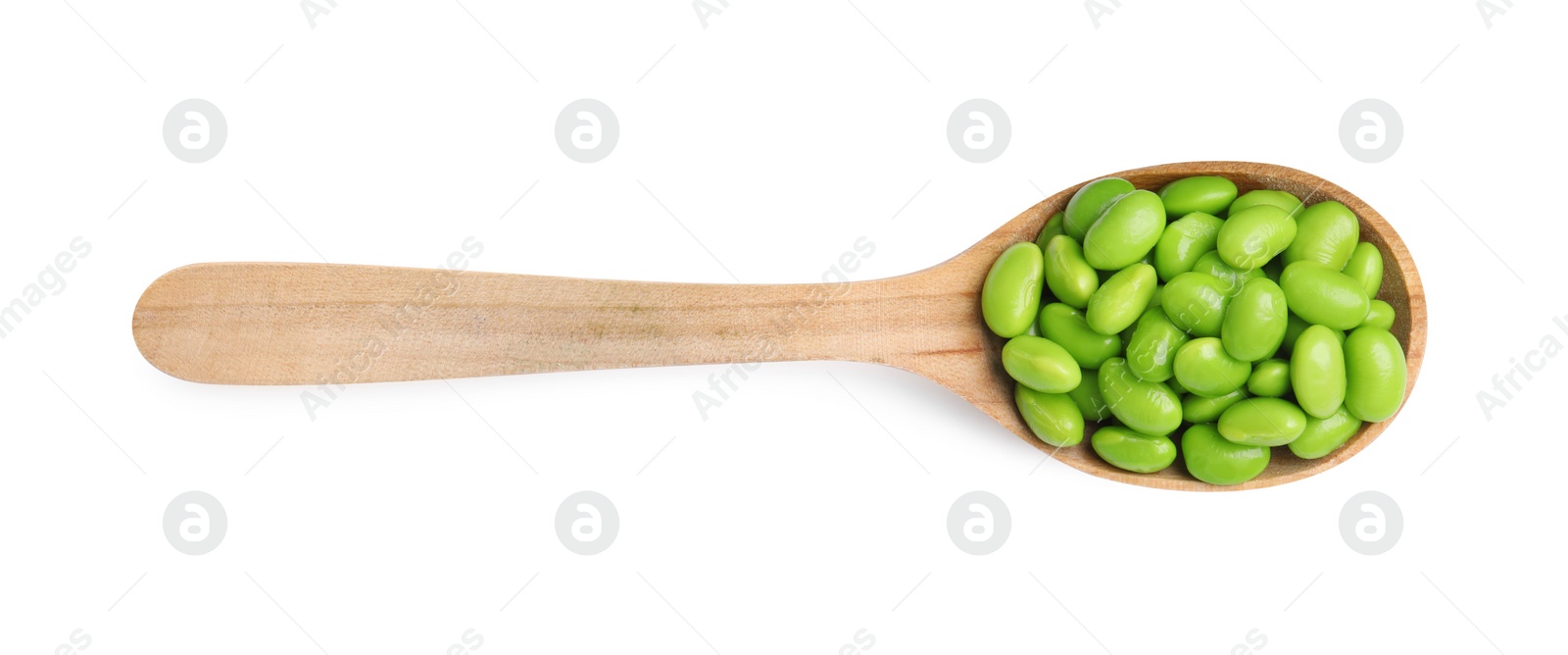 Photo of Spoon with fresh edamame soybeans on white background, top view