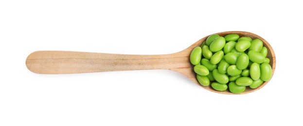 Spoon with fresh edamame soybeans on white background, top view