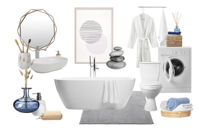 Image of Bathroom interior design. Collage with different combinable items and decorative elements on white background