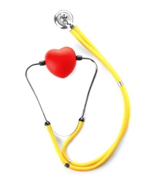 Stethoscope with red heart on white background, top view