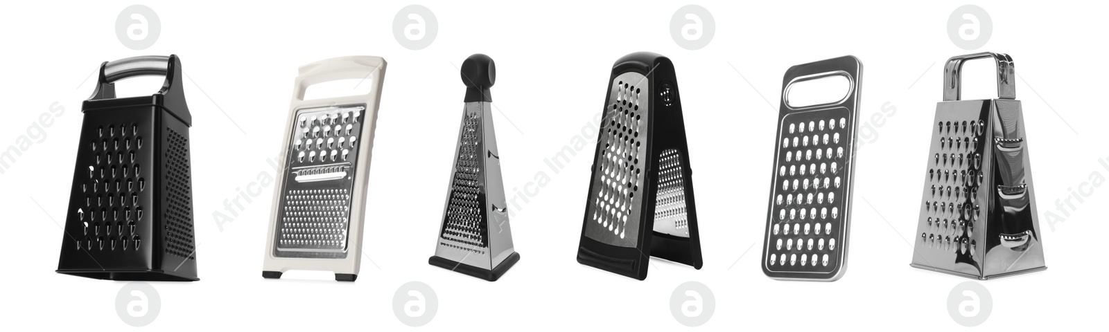 Image of Set with different graters on white background. Banner design