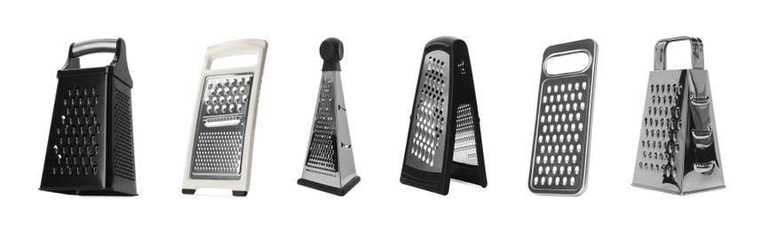 Image of Set with different graters on white background. Banner design