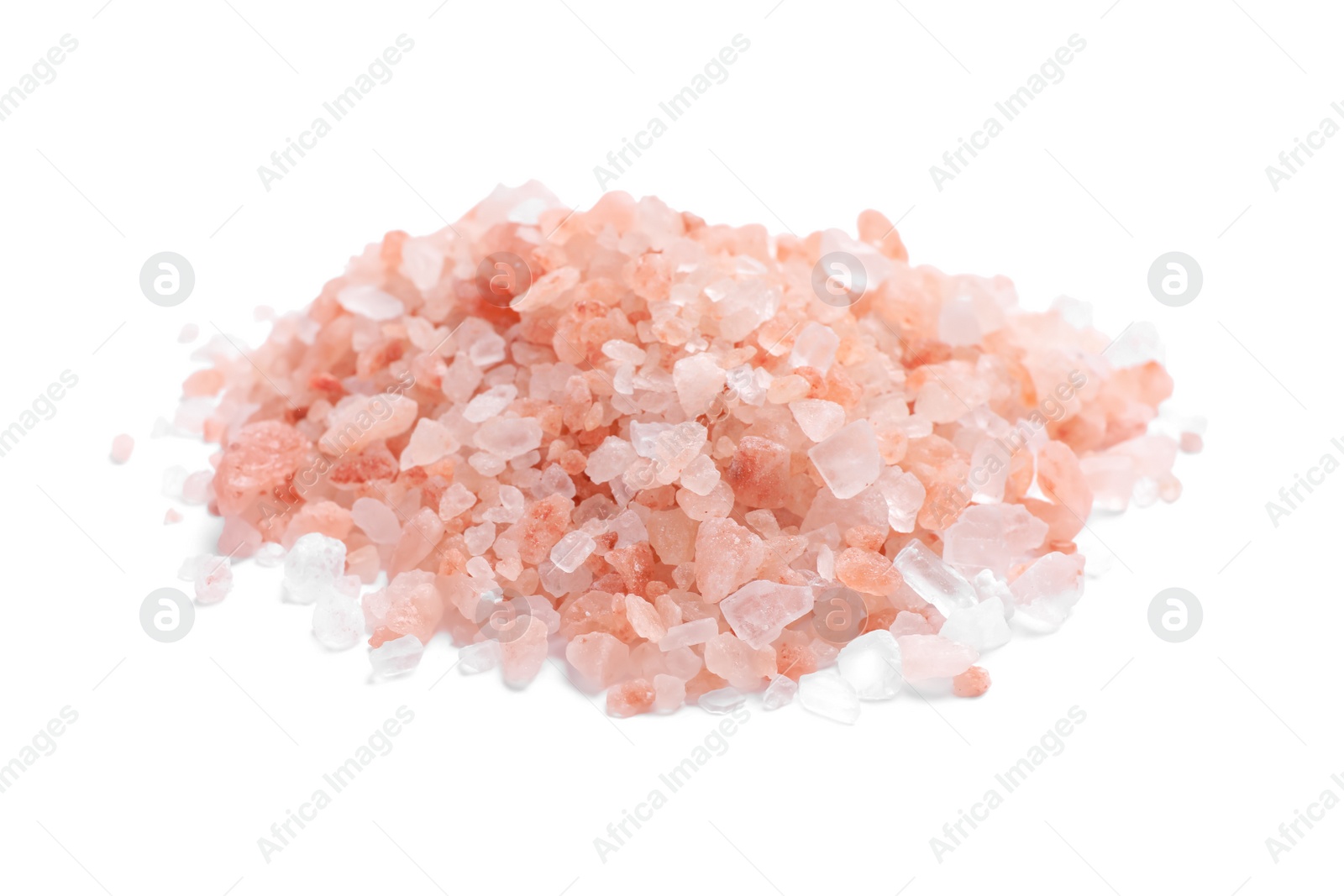 Photo of Heap of pink Himalayan salt on white background
