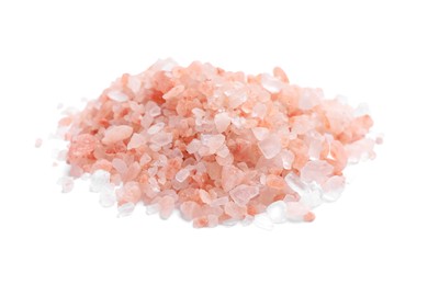 Heap of pink Himalayan salt on white background