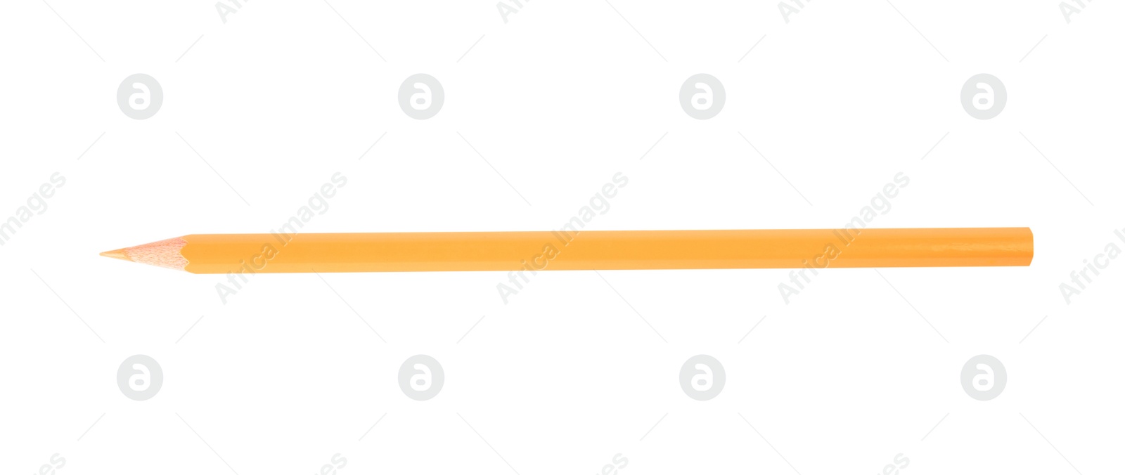 Photo of Apricot wooden pencil on white background, top view. School stationery