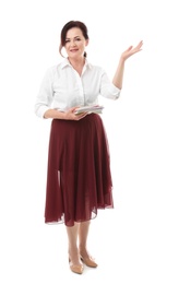 Female teacher with notebooks on white background