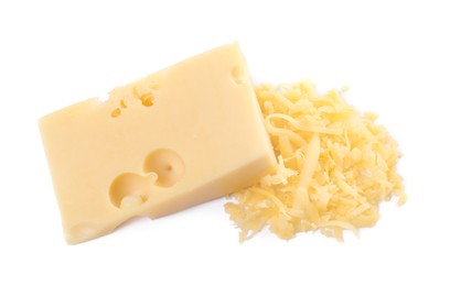 Photo of Grated and whole piece of cheese isolated on white, above view