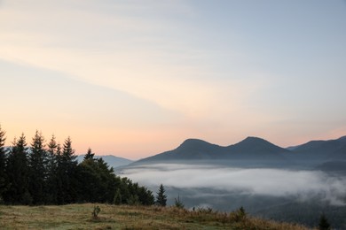 Photo of Picturesque view of beautiful foggy mountains in morning