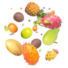 Image of Different tasty exotic fruits flying on white background