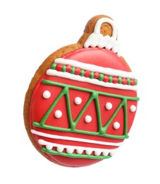 Photo of Tasty cookie in shape of Christmas ball isolated on white