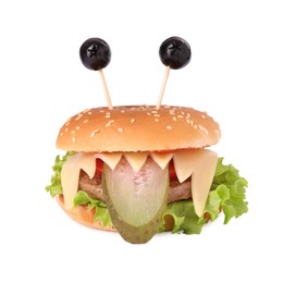 Photo of Cute monster burger isolated on white. Halloween party food