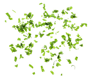 Photo of Cut fresh green parsley on white background