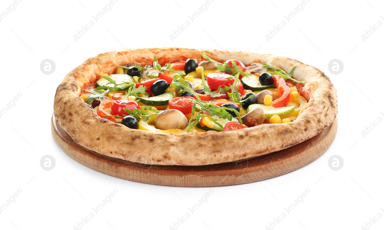 Photo of Delicious hot vegetable pizza on white background