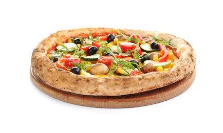 Photo of Delicious hot vegetable pizza on white background