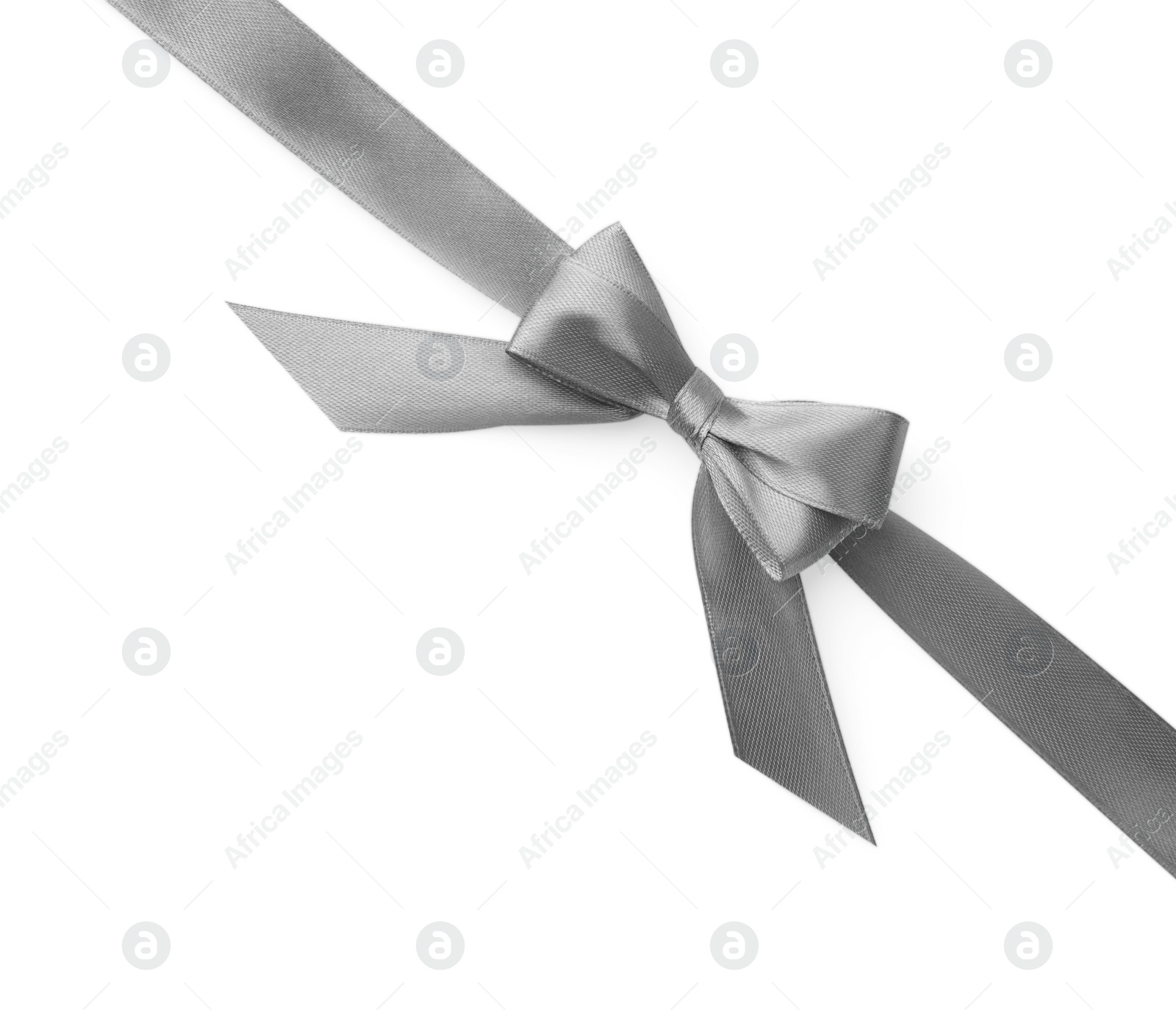 Photo of Grey satin ribbon with bow on white background, top view