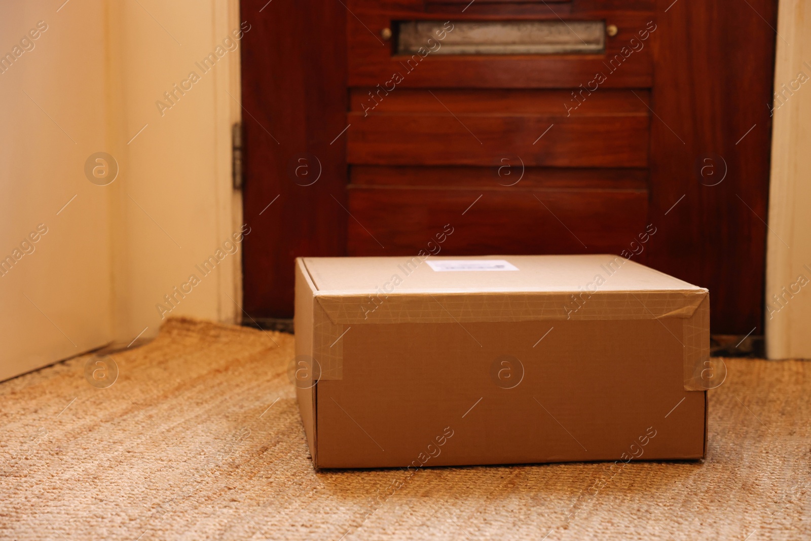 Photo of Delivery service. Cardboard on rug near wooden door indoors