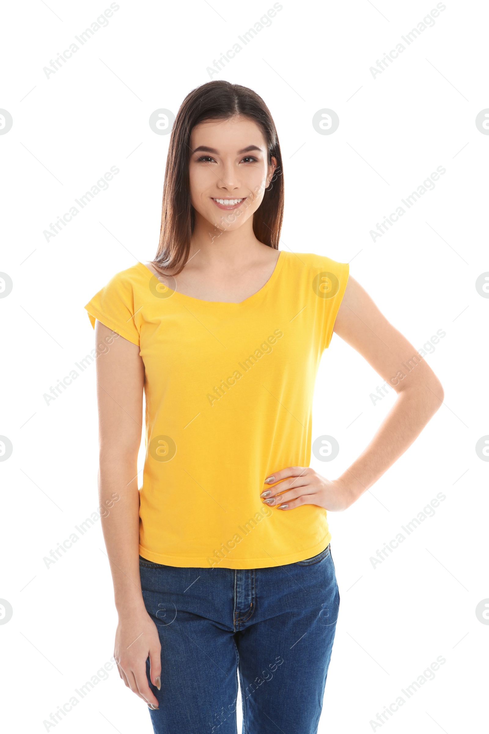 Photo of Beautiful young woman in stylish clothes on white background