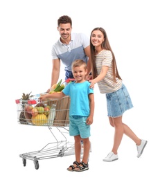 Happy family with full shopping cart on white background