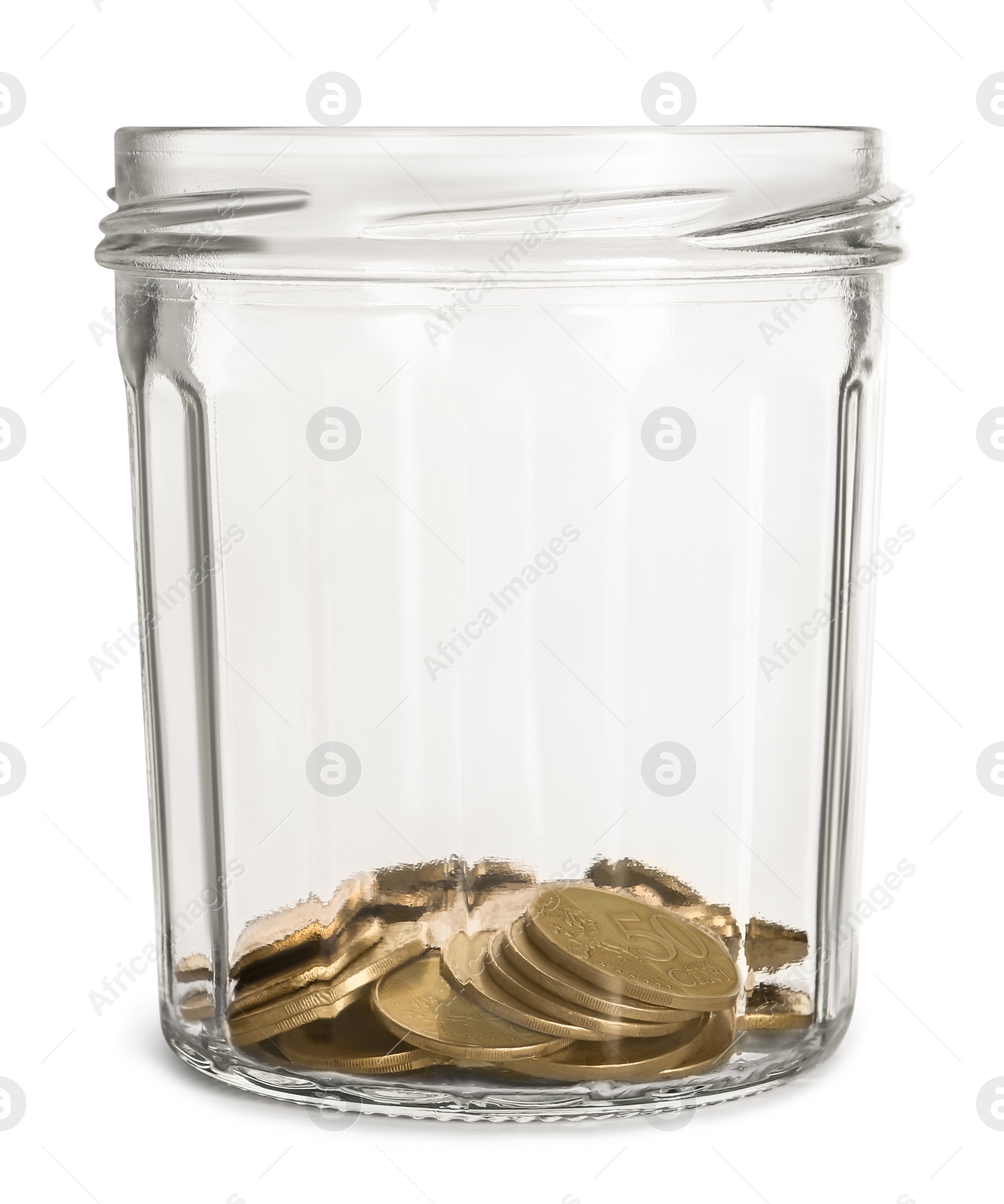 Photo of Glass jar with coins isolated on white