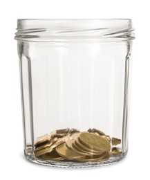 Photo of Glass jar with coins isolated on white