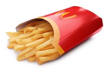 MYKOLAIV, UKRAINE - AUGUST 11, 2021: Big portion of McDonald's French fries isolated on white
