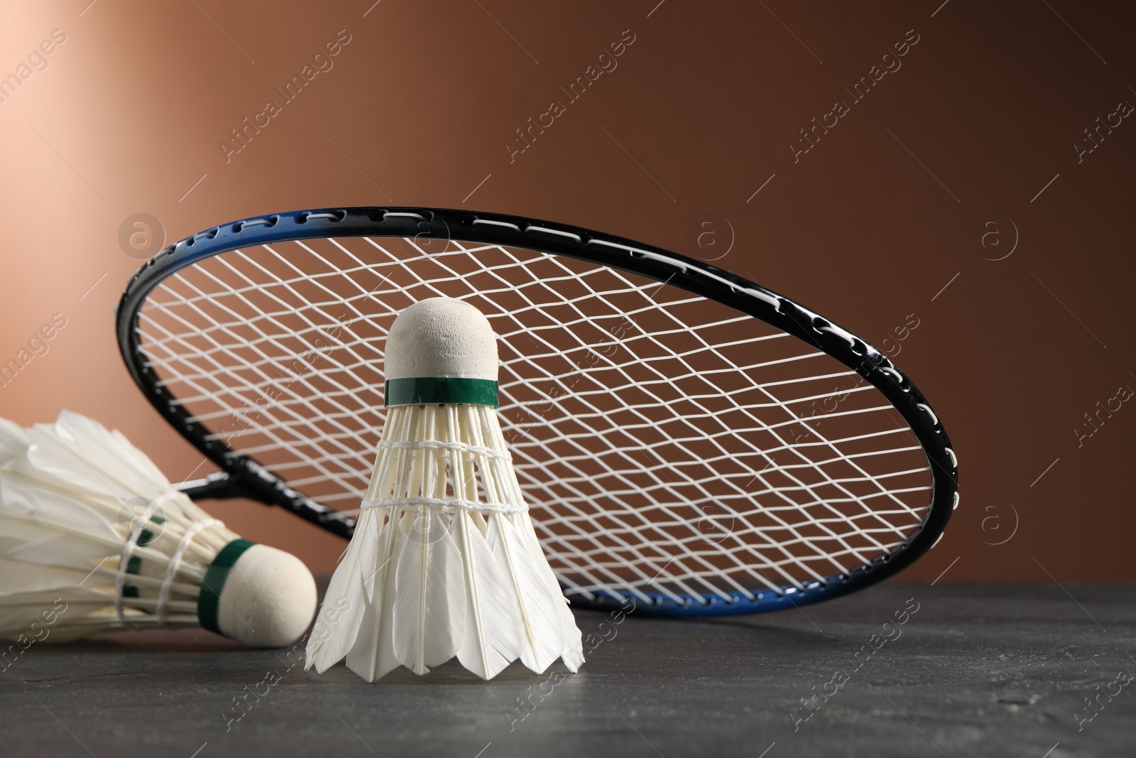 Photo of Feather badminton shuttlecocks and racket on grey table against brown background, closeup