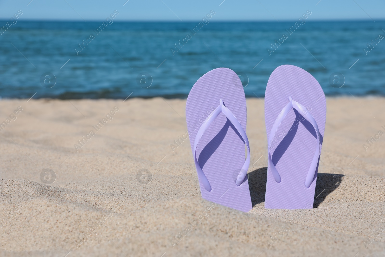 Photo of Stylish violet flip flops on beach sand, space for text