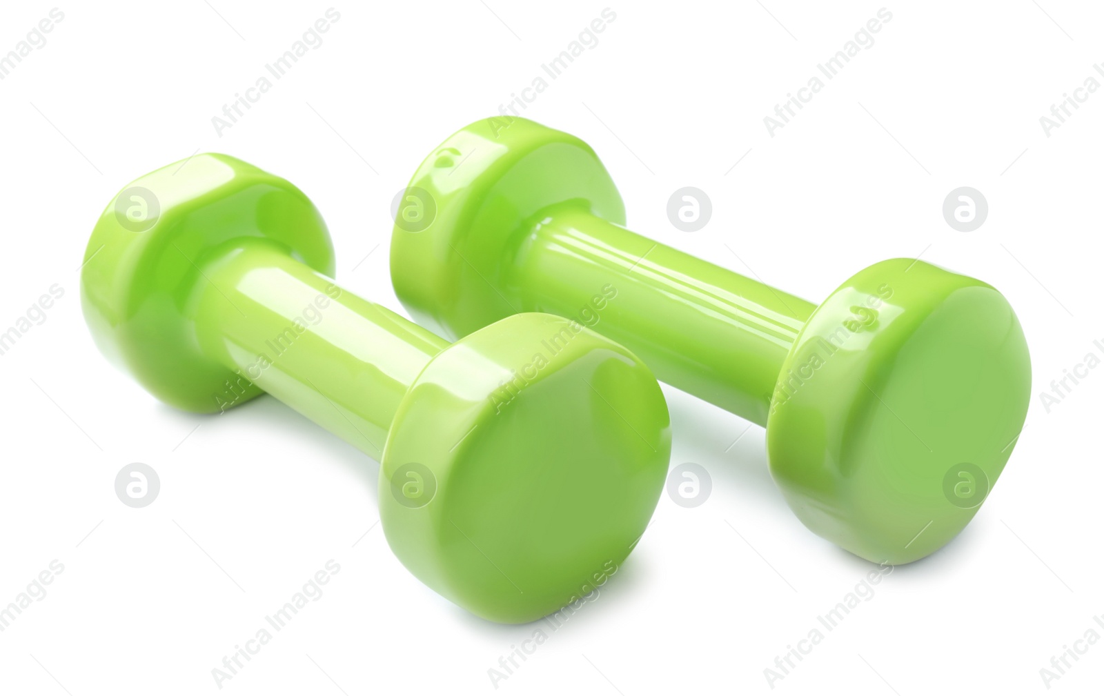 Photo of Color dumbbells on white background. Home fitness