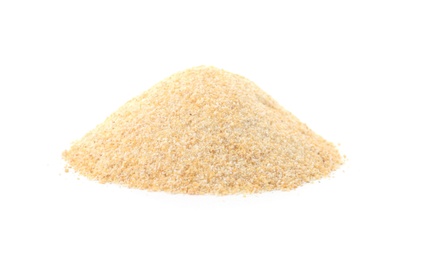 Photo of Pile of dry garlic powder on white background