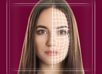 Image of Facial recognition system. Woman with scanner frame and digital biometric grid on purple background