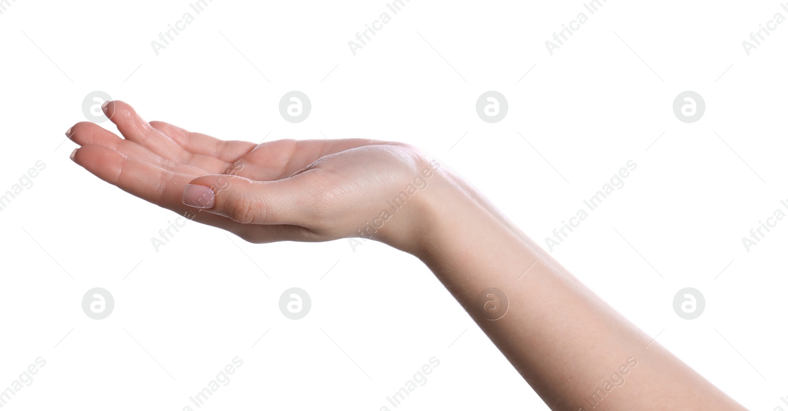 Photo of Woman holding something on white background, closeup