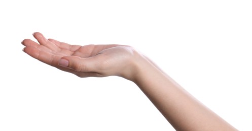 Photo of Woman holding something on white background, closeup