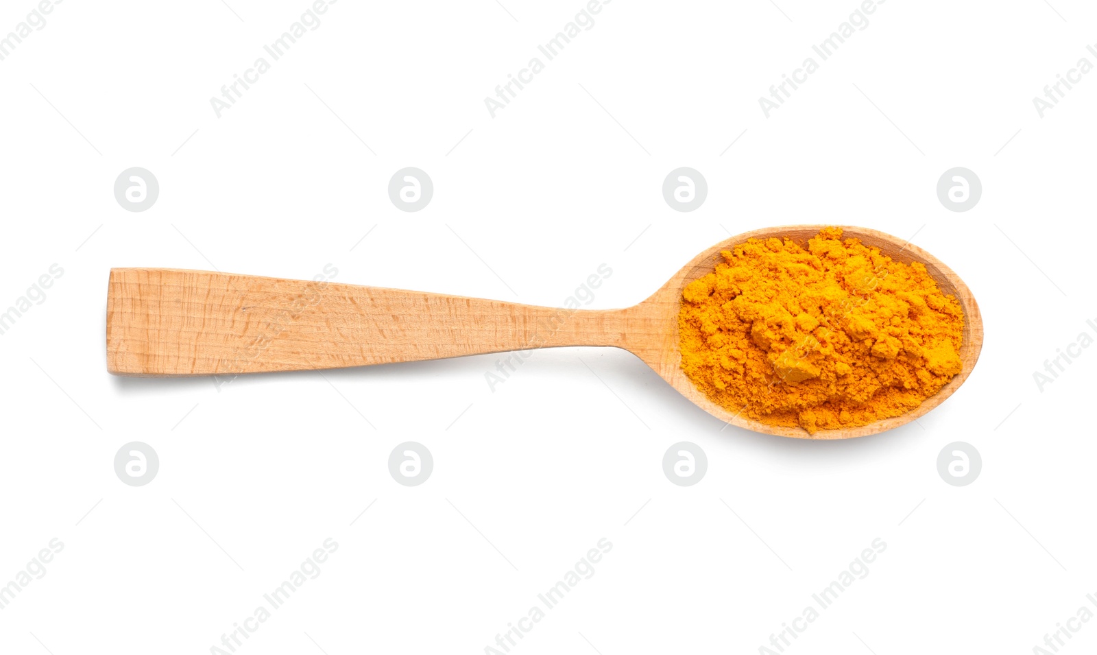 Photo of Wooden spoon with turmeric powder on white background. Different spices