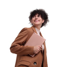 Photo of Beautiful happy businesswoman with tablet on white background, low angle view