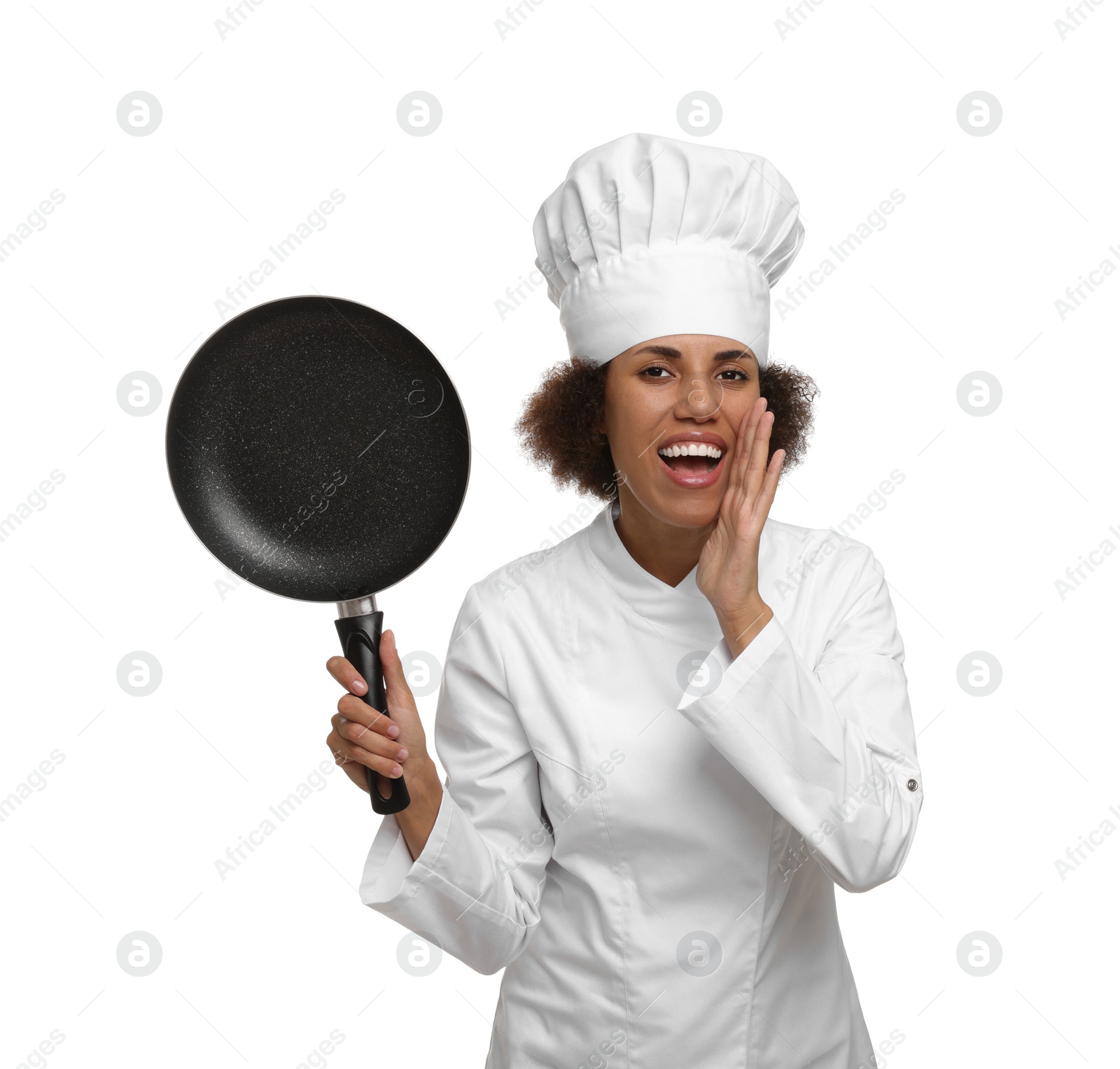 Photo of Emotional female chef in uniform holding frying pan on white background