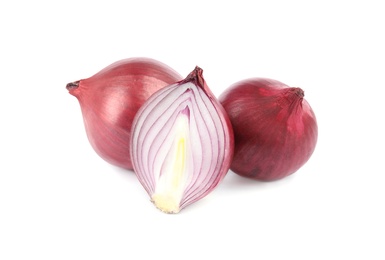 Photo of Fresh whole and cut red onions on white background