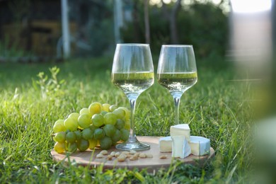 Photo of Two glasses of delicious white wine, grapes, cheese and nuts on green grass outdoors