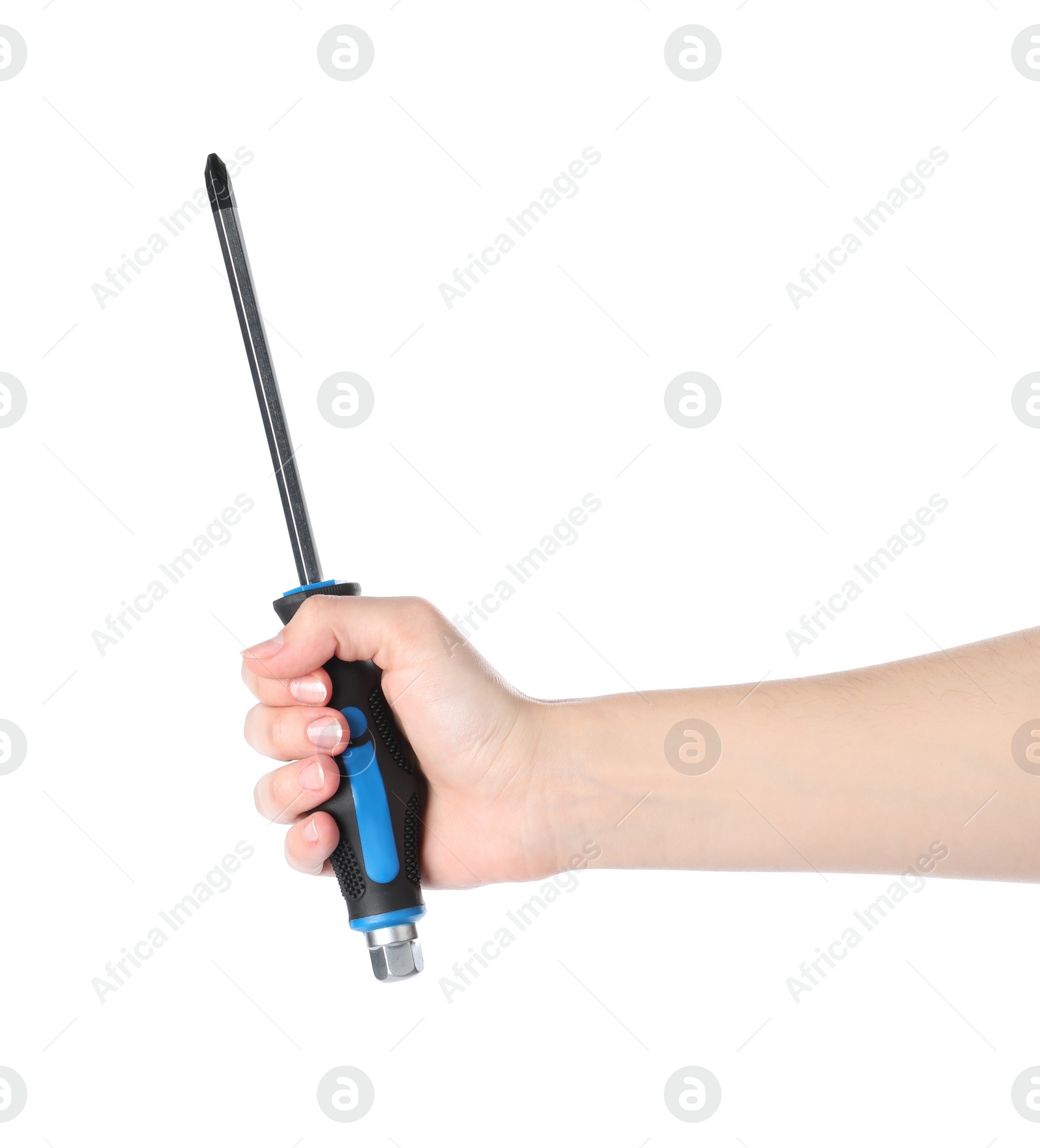 Photo of Woman holding screwdriver on white background, closeup